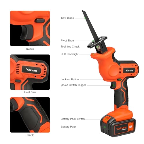 Yunirvana 20V 4.0Ah High-Capacity Cordless Reciprocating Saw Kit - 2 Wood Blades, 1 Metal Blade, Variable Speed, Tool-Free Blade Change, for DIY & Professional Use