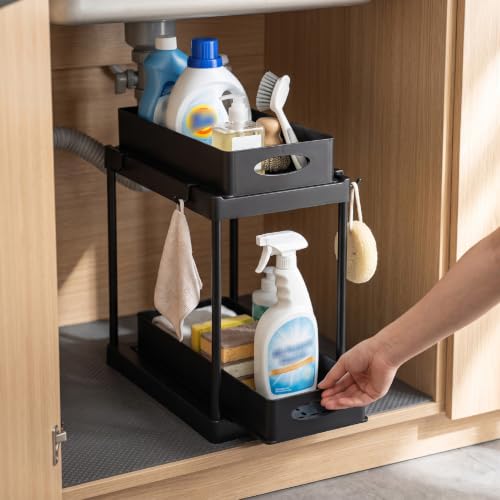 Asixxsix organizador de almacenamiento debajo del fregadero, 2 niveles, color negro, con cajones extraíbles y construcción en plástico ABS para cocina y baño miniatura 4