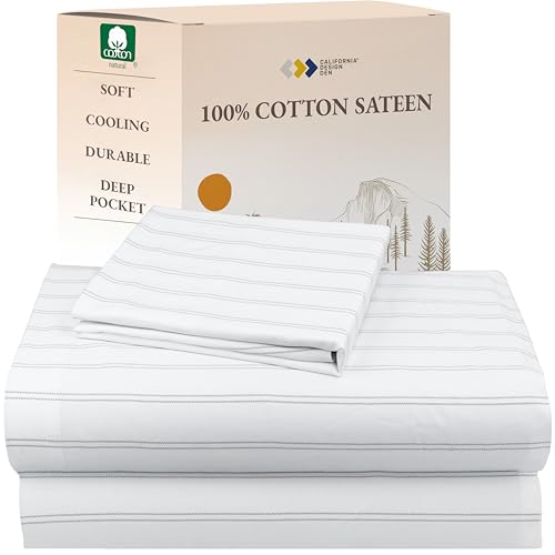 Image of California Design Den Stripe Twin Sheets Set, 100% Cotton 12 inch Pocket Twin Size Sheets & Pillowcase Set. Soft Sateen Weave - Classic Stripe