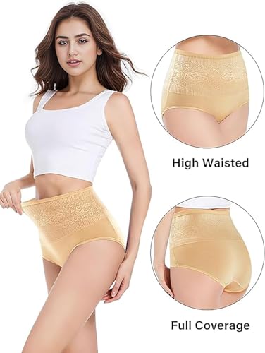 Image of Women's Lace Trim High Waisted Cotton Underwear Full Coverage Ladies Panties Tummy Control Briefs 4 Pack