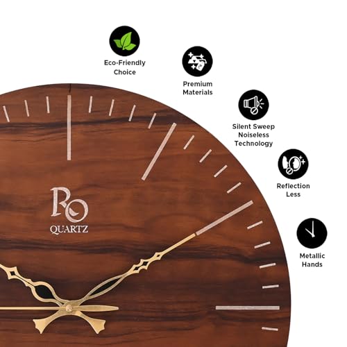 Image of Engineered Wood Round Shape Wall Clock with Metallic Hand & Silent Quartz Movement | Wooden Minimalist Design Anti Reflection Analog Vintage Clock for Home (Brown, 15 Inch)
