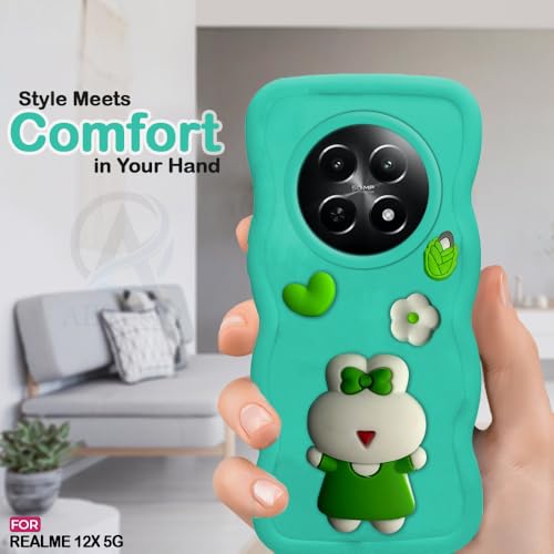 Image of AESTMO Back Case Cover for Realme 12 / 12X / C65 / Narzo 70X | 3D Cute Fun Cartoon Characters | Anti Slip Grip Cute Wave Curly Frame Shape | Back Cover for Realme 12 / 12X / C65 /Narzo 70X (MintGreen)
