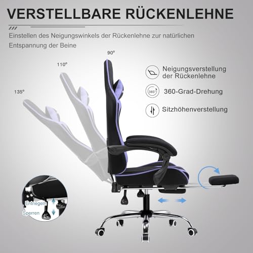 Image of GTPLAYER Fabric Gaming Chair, Office Chair, Massage Gaming Chair, Ergonomic Gamer Chair with Footrest, Headrest, Massage Lumbar Cushion, Padded Gaming Chair, Swivel Chair, Purple