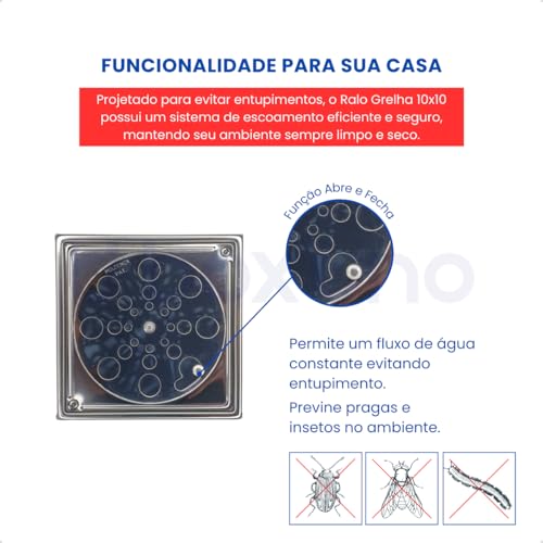 Ralo Tampa Grelha Quadrado 10x10cm com Caixilho Abre e Fecha em Aço Inoxidável 304 Polido - Durável,