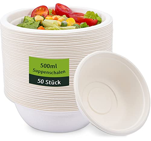 JEFFOUOO 50 tigelas descartáveis para sopa, copos descartáveis, tigelas de papelão de 500 ml, tigela descartável, prato de sopa de cana-de-açúcar, biodegradável e compostável, redondo