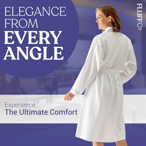 FluffCo Luxury Hotel Waffle Robe | Cotton Waffle Robes for Women & Men | Features Side Pockets & Waist-Tie Belt, White3