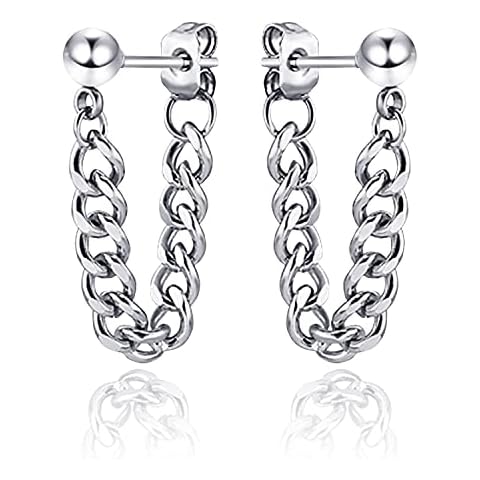 TIANBANGSHI Punk Stainless Steel Chain Earrings for Women's Hypoallergenic Hinged Huggie Dangle Earrings Silver/Black Long Chain Earrings Piercing Jewelry Gift for Boys Girls Cover