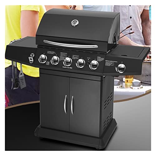 Multifunctionele barbecue Gas- en houtskoolbarbecue, gasfornuis, zwarte gasbarbecue for buiten, vijf branders… - Afbeelding 4