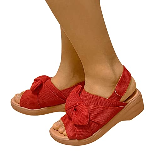 Haoricu Women Open Toe Ankle Strappy Buckle Slingback Platform Wedge Sneakers Summer Bohemia Beach Bow Tie Sandals Red #TOP2