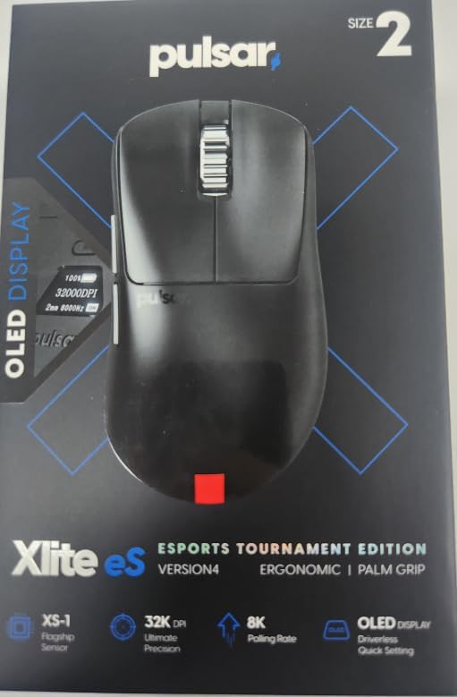 Pulsar Gaming Gears Xlite v4 eS Wireless Gaming Mouse Ergonomic, Optical Switch, 32000 DPI, 750 IPS, XS-1 Sensor, OLED Display, Driverless, 8k Dongle Included (Medium, Black)