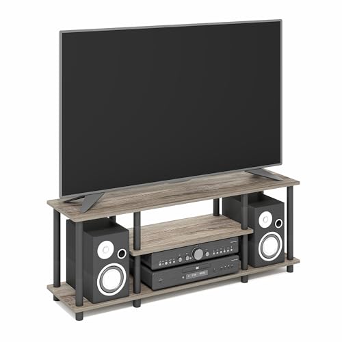 Image of Furinno Turn-N-Tube No Tools 3D 3-Tier Entertainment TV Stand up to 50 inch TV, Round Tubes, French Oak Grey /Black | for TV up to 50 Inch, Open Frame Rectangular Entertainment Center with Storage Shelf, TV Console, for Living Room, Bedroom