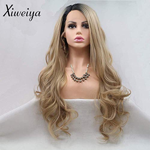 Xiweiya Wigs Long Natural Wavy Wig Dark Root Ombre Brown Blonde Synthetic Lace Front Wigs Wavy Side Part Long Blonde Hair Replacement Wig for Women, Drag Queen Makeup 20 inch
