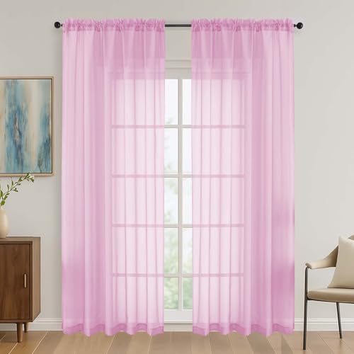Image of OVZME Light Pink Sheer Curtains 84 Inches Long 2 Panels Set, Light Filtering Sheer Curtains for Living Room Bedroom 59 Inch Extra Wide, Modern Voile Filmy Rod Pocket Window Drapes, 59Wx84L Inches