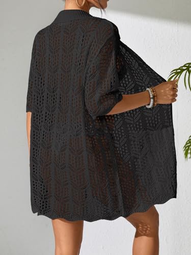 Womens Crochet Knit Polo Collar Swimsuit Coverup Cardigan Summer 2025 Beach Bathing Suit Cover Up Shirt Dress3