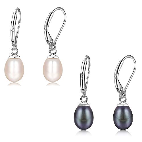 Milacolato 925 Sterling Silver Pearl Dangle Earrings for Women 14K White Gold Plated Leverback Earrings AAAAA Quality Genuine Freshwater Cultured Pearl Drop Earrings