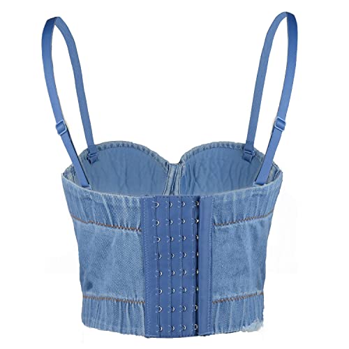 ELLACCI Women's Denim Bustier Crop Top Jean Corset Top Bra with Detachable Straps3