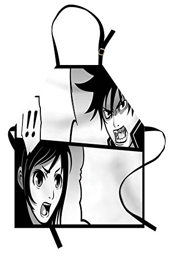 Ambesonne Anime Apron, Japanese Comics Strip Boy and Girl Fight Scene Manga Image Cartoon Print, Unisex Kitchen Bib with Adjustable Neck for Cooking Gardening, Adult Size, White Black