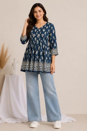 Image of Women's Floral Printed Cotton Kurti Summer Cotton Tunic Top for Girls