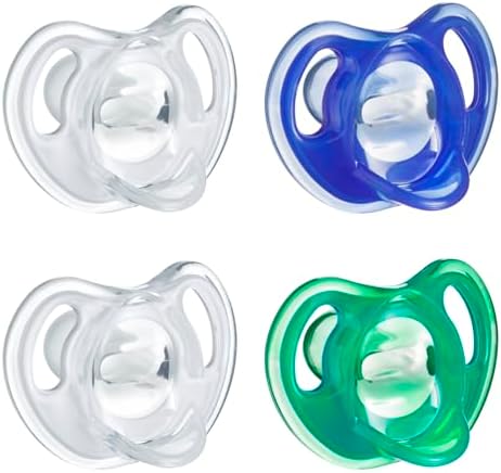 Tommee Tippee Ultra-Light Silicone Pacifier, 18-36 Months, Symmetrical One-Piece Design, BPA-Free Silicone Binkies, Clear/Blue/Green, Pack of 4