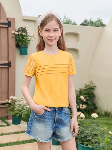 Haloumoning Girls Short Sleeve T Shirts Kids Summer Lace Crewneck Tops Fashion Pleated Tees 5-14 Years3