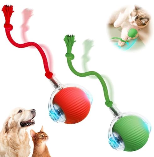Tiny Fetch 犬用おもちゃ、360°ローリングインタラクティブ高速移動おもちゃボール、ロープ付き、犬と猫の室内遊び用 red+green