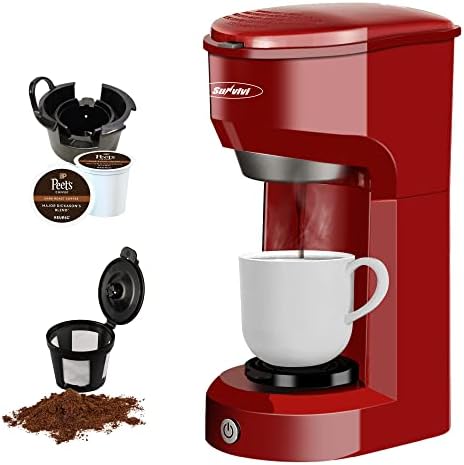 X WINDAZE Single Serve Coffee Maker for K Cup Pod & Coffee Ground, Mini One Cup Coffee Brewer with Filter 6-14oz Reservoir Strength Control,Small Coffee Machines for Office Home Kitchen (Red)