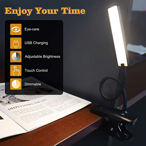 Image of LED Reading Light with Clip USB Rechargeable Book Lights, 24 LEDs Flexible Neck Night Bed Lamp, Touch Control Portable Clamp Desk Lamps for Bed Headboard, Computers -Black
