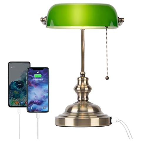 FIRVRE Green Glass Bankers Desk Lamp Reading E27 Classic Retro LED Table Lamp with USB Port Vintage Brass Pull Chain Switch Nightstand Bedside Light for Home Office Bedroom Study Cover