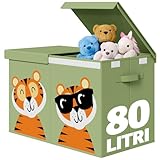 BAKAJI Box Contenitore per Giocattoli Bambini con Animali, Scatola Pieghevole Salvaspazio Capacità 80 Litri Multiuso, Organizer Richiudibile con Maniglie e Chiusura a Strappo, 62.5x31.5x40cm (Verde)