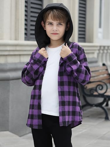 Cromoncent Boy's Long Sleeve Hoodie Jacket Button Down Plaid Flannel Shirt,Hooded Purple Black,11-12Y = Tag 180 — view 3