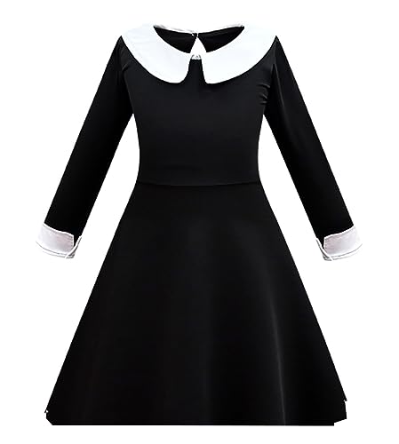 Image of FancyDressWale Wednesday Addams Costume Girls Peter Pan Collar Dress Long Sleeve Halloween Addams Family Costume Black dress Outfit