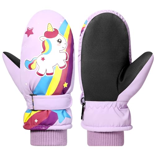 Guantes de Nieve para Niños/Niñas, Guantes de Esquí Impermeables para Climas Fríos, Antideslizantes, Cinta Mágica Ajustable, Guantes para Actividades al Aire Libre en Invierno (Morado, L)