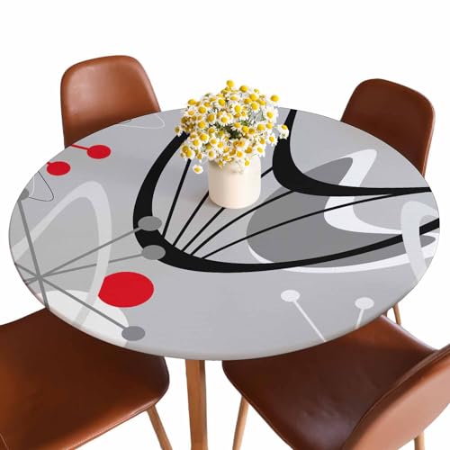 Guxxuil Atomic Pattern Round Fitted Tablecloth Mid Century Modern Lines Stripes Dots Red Grey Elastic Edge Tablecloth Waterproof Oilcloth Table Cover for 40"-44"
