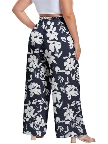 Image of OLRIK Women's Plus Size Pants Adjustable High Waisted Wide Leg Palazzo Pants Casual Trousers with Pockets Spring Clothes