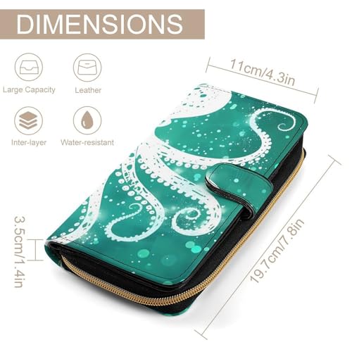 White Octopus Green Women's Long Wallets Leather Card Holder Purse Zippered Buckle Clutch Handbag2