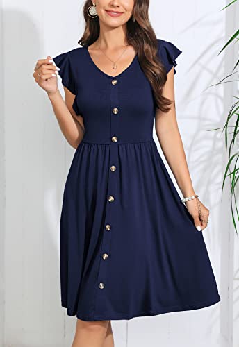 Lamilus Women's Casual Summer Dresses 2025 Ruffle Sleeves V-Neck Button Down Midi Swing Party Dress2