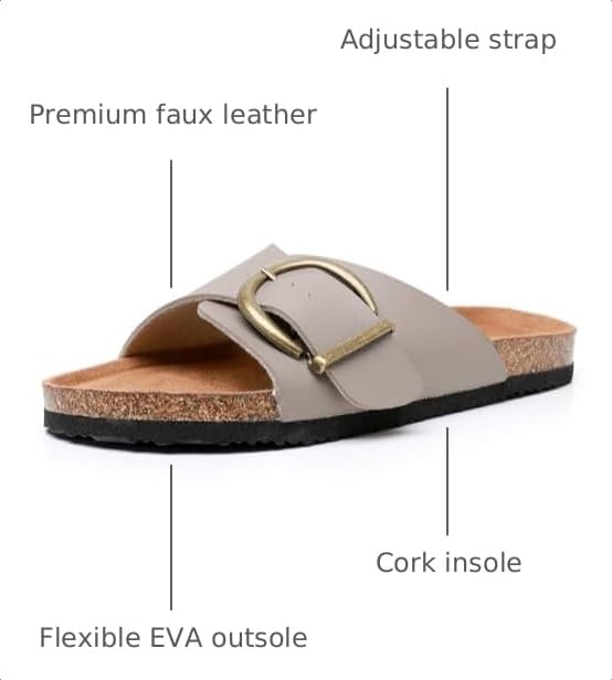 Image of Sandals Women Wide Width, Cork Footbed Arch Support Summer Beach Slide Sandals, Adjustable Strap for Wide Feet
