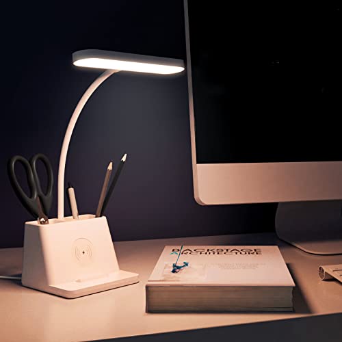 Tapwak Small Desk Lamp With Wireless Charger, White Gooseneck Desktop Lamp, Study Lamps For Bedrooms/Small Spaces Desk Lights For Home Office With Pen Holder, Cute Desk Lamp For College Dorm Room #TOP1