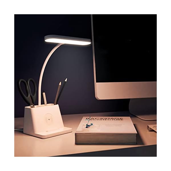 Small Desk Lamp with Wireless Charger, White Gooseneck Desktop Lamp, Study Lamps for Bedrooms