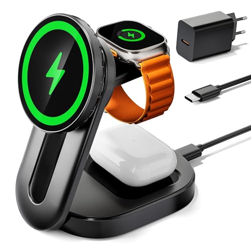 KPON Stazione di Ricarica Wireless 3 in 1 Magnetica Pieghevole con Luce Notturna, Ricarica Rapida per iPhone 16/15/14 Pro Max, Apple Watch Ultra/AirPods