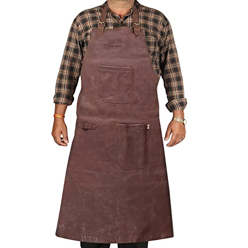 LL LEATHER LOVERS Adjustable Leather Aprons - Heat & Flame-Resistant Heavy Duty Work Forge Apron with Multiple Pockets for Men (Small, Redis Brown-02)