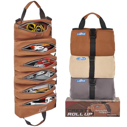 LETINE Crest Canvas Tool Bag - Large Capacity 6-Pocket Portable Roll up Bag with Premium Rust-Proof Zippers, Reinforced Stitching - Compact Tool Organizer Gift for Dads, Mechanics, Electricians(Brown)