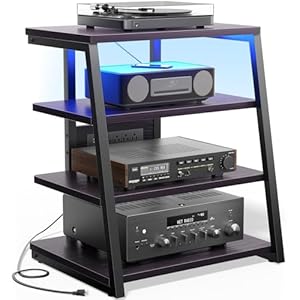 AV Media Stand with Outlets, Media Console with LED Lights, Stereo Racks and Stands with Storage Shelves, Media Audio Tower Cabinet, Black Enoby