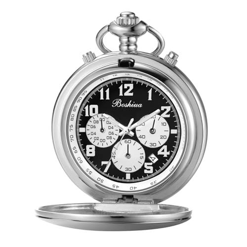 Image of BOSHIYA Smooth Quartz Pocket Watches for Men Multifunctional Chronograph Classic Vintage Mens Womens Pocket Watch with Chain Christmas Graduation Birthday Gifts Fathers Day