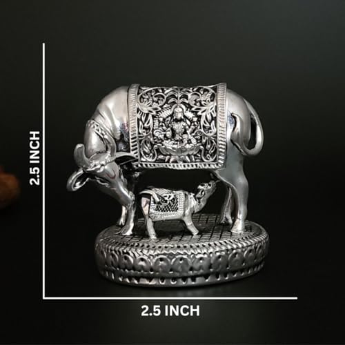 Image of Gold Art India Kamdhenu Cow and Calf Idol | Silver Plated Antique Finish Decorative Murti | 6.35 cm x 6.35 cm | Sacred Gau MATA Statue for Home Temple & Gift