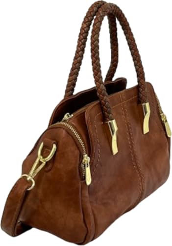 bolsa baú média elegante com alça de mão dupla em couro pu (Caramelo, M)