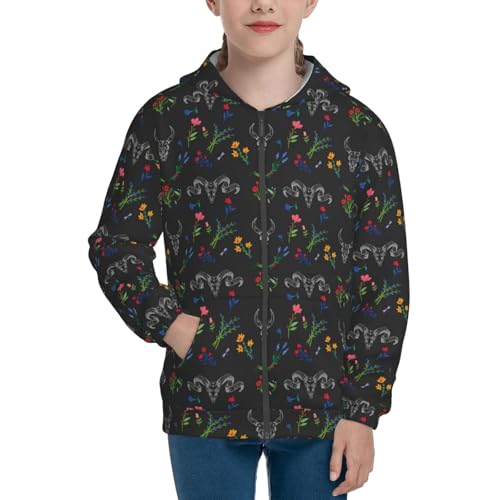 Skull with Flower Kid Hoodies Boys Zip Up Sweatshirts Girls Pullover with Pocket3