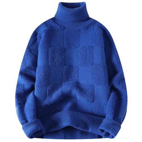 Men Plaid High Neck Pullovers Sweater Long Sleeve Thick Warm Wool Knit Jumper Top