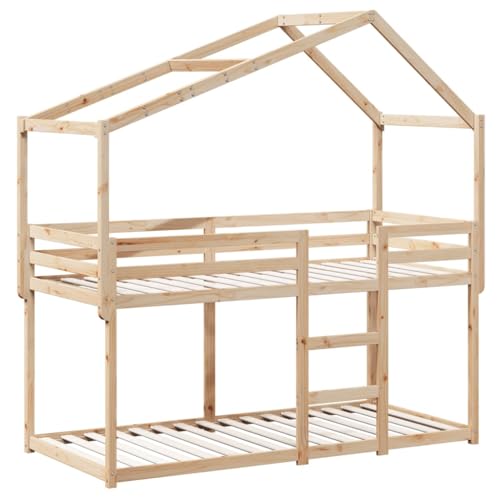 vidaXL Etagenbett, Hochbett mit Dach Leitplanken, Stockbett für Schlafzimmer, Bett Holzbett Einzelbett, 90x200cm Massivholz Kiefer