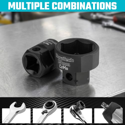 Image of DURATECH 10-Piece 3 /8 inch Drive Stubby Impact Socket Set for Narrow Spaces | 10mm-19mm, Metric, Cr-Mo Steel, Size Markings, for Tight Spaces, Organized in Magnetic Storage Rail, for Automotive Repairs